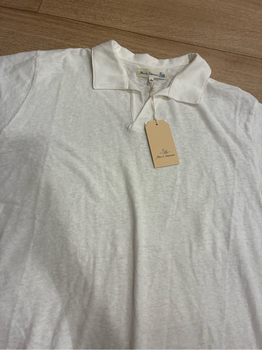 NWT Merz b Schwanen Men’s Linen Cotton Johnny Collar Polo Shirt White Size 6/L
